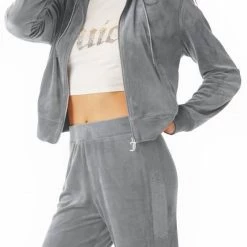 Juicy Couture women Velour Hooded Zip Track Jacket in Silver Ice
